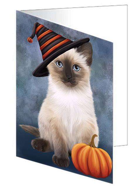Happy Halloween Siamese Cat Wearing Witch Hat with Pumpkin Handmade Artwork Assorted Pets Greeting Cards and Note Cards with Envelopes for All Occasions and Holiday Seasons GCD68642
