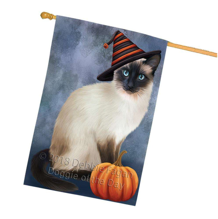 Happy Halloween Siamese Cat Wearing Witch Hat with Pumpkin House Flag FLG55068