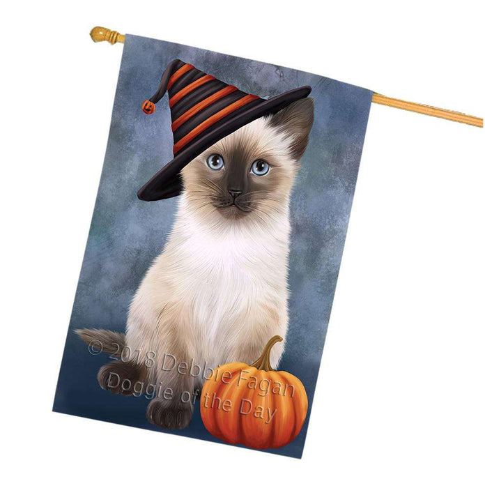 Happy Halloween Siamese Cat Wearing Witch Hat with Pumpkin House Flag FLG55069