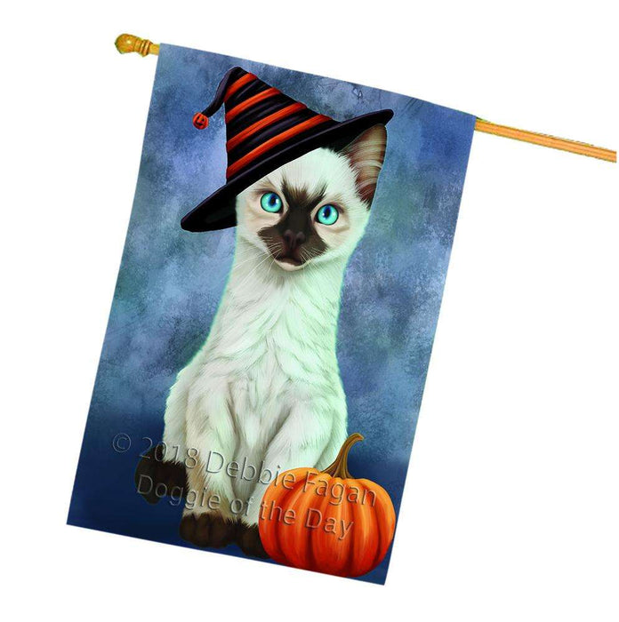 Happy Halloween Siamese Cat Wearing Witch Hat with Pumpkin House Flag FLG55106