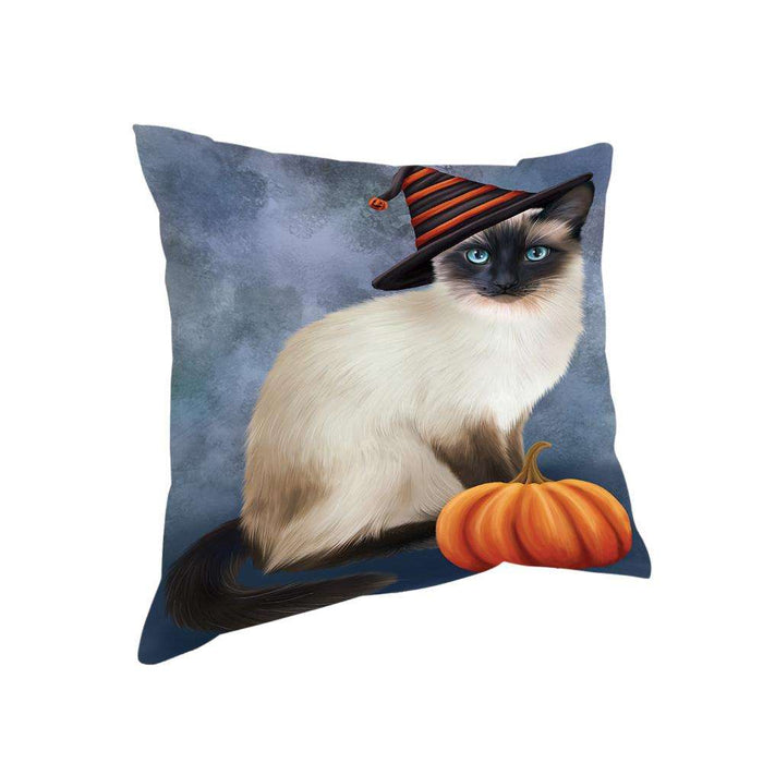 Happy Halloween Siamese Cat Wearing Witch Hat with Pumpkin Pillow PIL76104