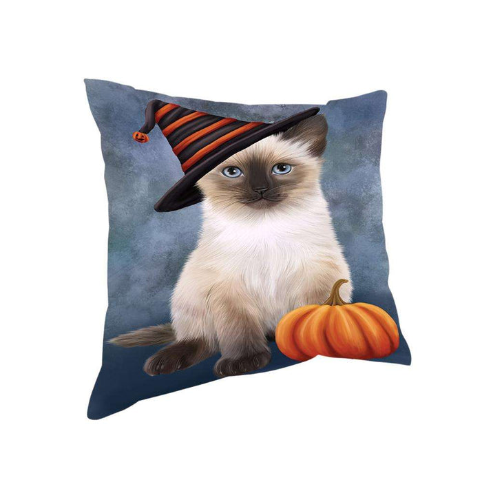 Happy Halloween Siamese Cat Wearing Witch Hat with Pumpkin Pillow PIL76108