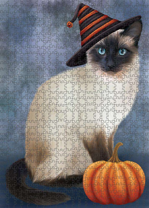 Happy Halloween Siamese Cat Wearing Witch Hat with Pumpkin Puzzle with Photo Tin PUZL86636