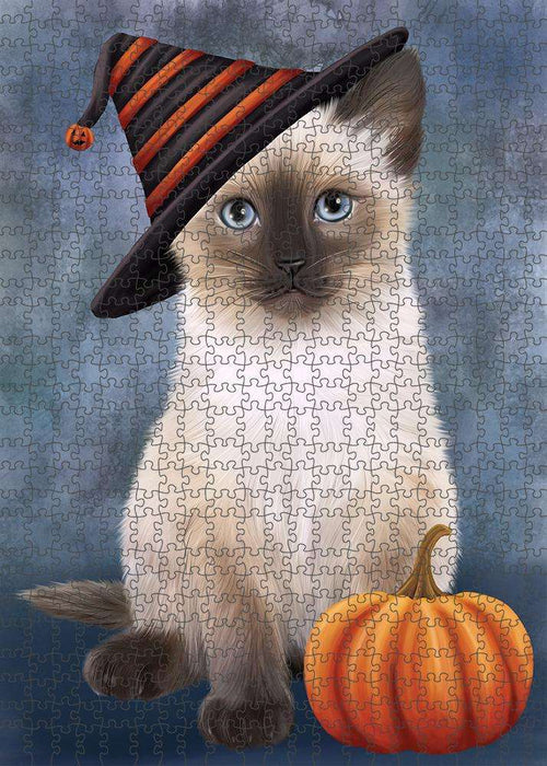 Happy Halloween Siamese Cat Wearing Witch Hat with Pumpkin Puzzle with Photo Tin PUZL86640