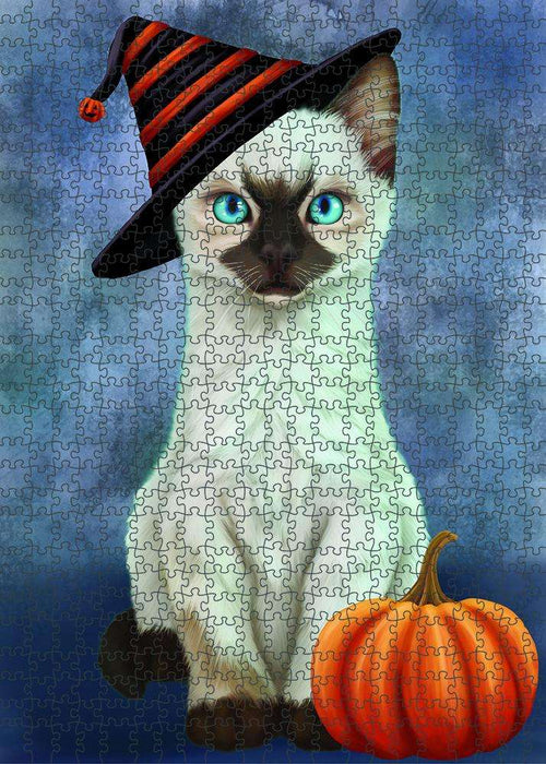 Happy Halloween Siamese Cat Wearing Witch Hat with Pumpkin Puzzle with Photo Tin PUZL86788