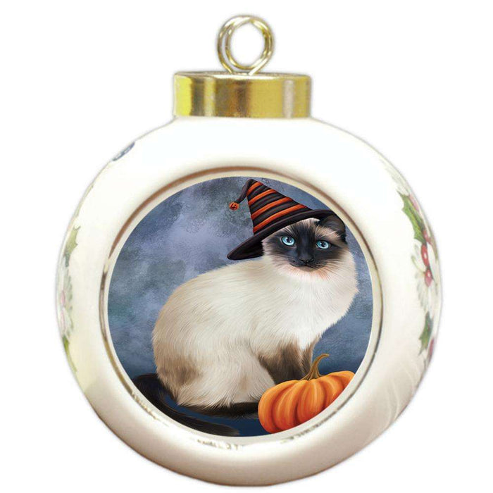 Happy Halloween Siamese Cat Wearing Witch Hat with Pumpkin Round Ball Christmas Ornament RBPOR54870