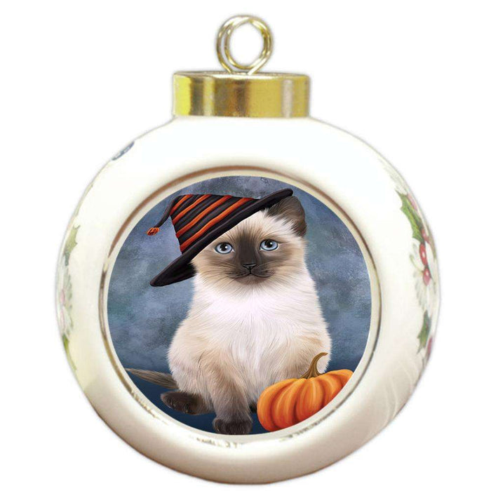 Happy Halloween Siamese Cat Wearing Witch Hat with Pumpkin Round Ball Christmas Ornament RBPOR54871