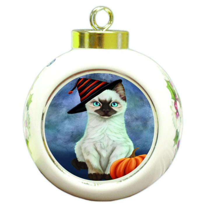 Happy Halloween Siamese Cat Wearing Witch Hat with Pumpkin Round Ball Christmas Ornament RBPOR54908