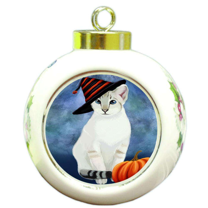 Happy Halloween Siamese Cat Wearing Witch Hat with Pumpkin Round Ball Christmas Ornament RBPOR55038