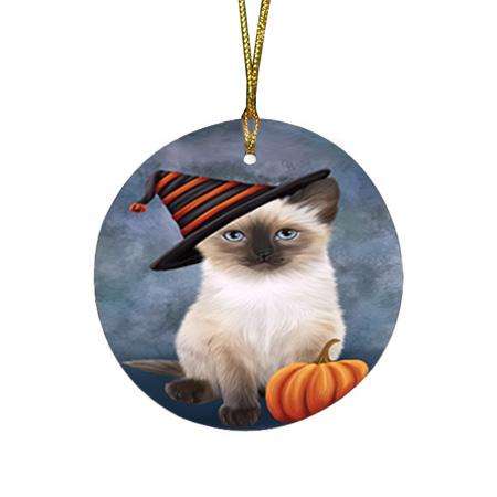 Happy Halloween Siamese Cat Wearing Witch Hat with Pumpkin Round Flat Christmas Ornament RFPOR54862