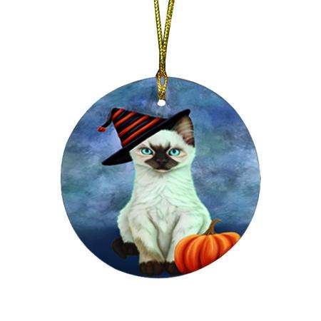 Happy Halloween Siamese Cat Wearing Witch Hat with Pumpkin Round Flat Christmas Ornament RFPOR54899