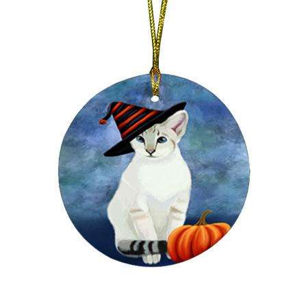 Happy Halloween Siamese Cat Wearing Witch Hat with Pumpkin Round Flat Christmas Ornament RFPOR55029