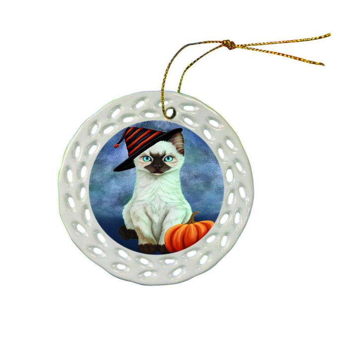 Happy Halloween Siamese Cat Wearing Witch Hat with Pumpkin Star Porcelain Ornament SPOR54899