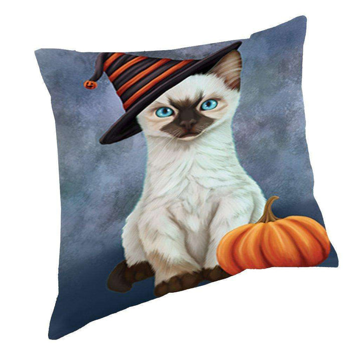 Happy Halloween Siamese Kitten Cat Wearing Witch Hat with Pumpkin Throw Pillow D161