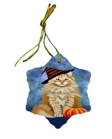Happy Halloween Siberian Cat Wearing Witch Hat with Pumpkin Ceramic Doily Ornament DPOR54911
