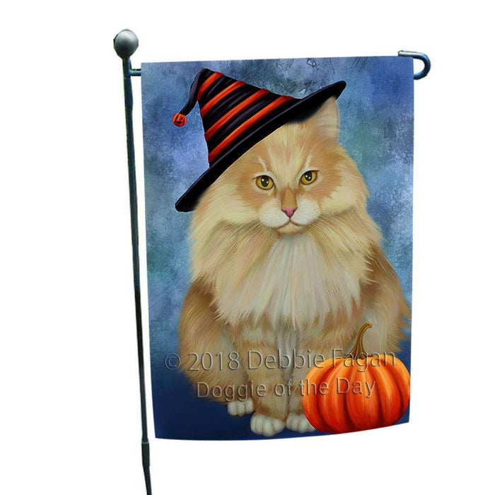 Happy Halloween Siberian Cat Wearing Witch Hat with Pumpkin Garden Flag GFLG54971