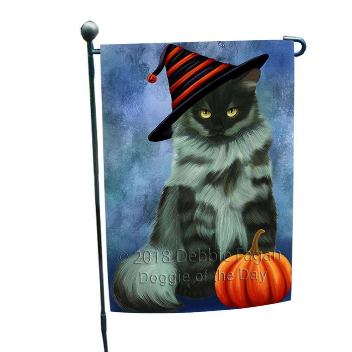 Happy Halloween Siberian Cat Wearing Witch Hat with Pumpkin Garden Flag GFLG54972