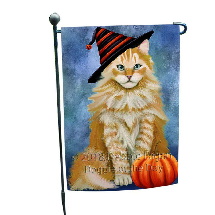 Happy Halloween Siberian Cat Wearing Witch Hat with Pumpkin Garden Flag GFLG54973