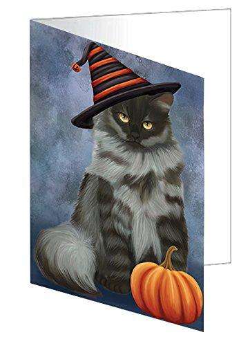 Happy Halloween Siberian Cat Wearing Witch Hat with Pumpkin Handmade Artwork Assorted Pets Greeting Cards and Note Cards with Envelopes for All Occasions and Holiday Seasons D095