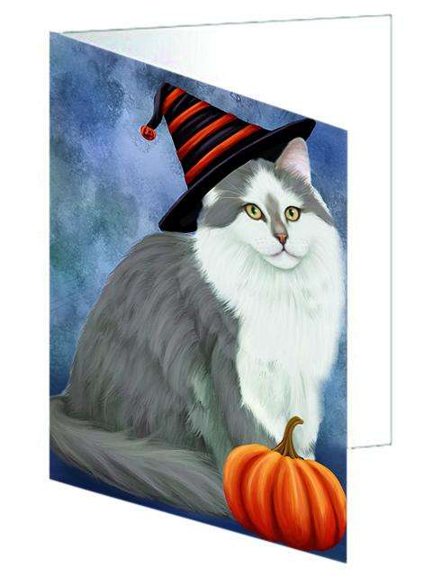 Happy Halloween Siberian Cat Wearing Witch Hat with Pumpkin Handmade Artwork Assorted Pets Greeting Cards and Note Cards with Envelopes for All Occasions and Holiday Seasons GCD68744