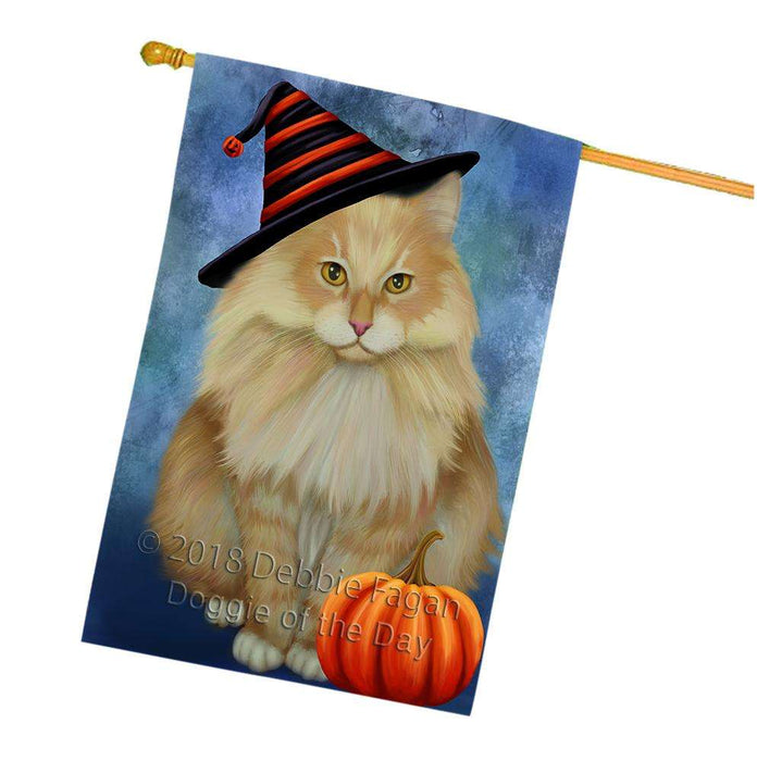 Happy Halloween Siberian Cat Wearing Witch Hat with Pumpkin House Flag FLG55107