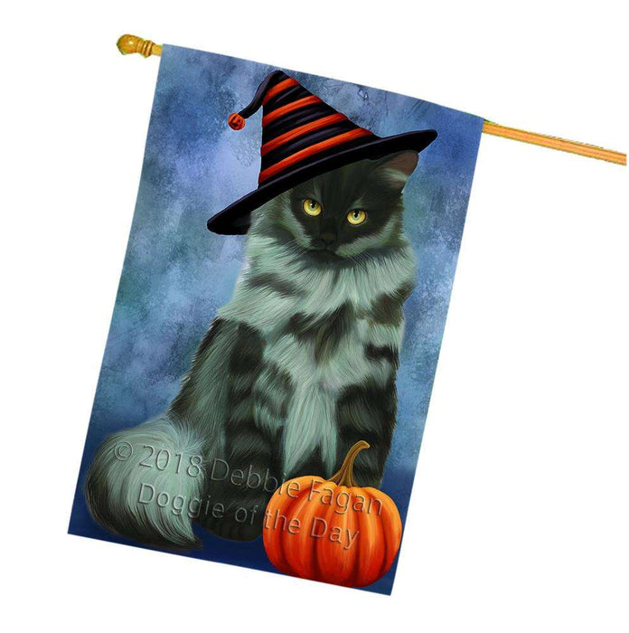 Happy Halloween Siberian Cat Wearing Witch Hat with Pumpkin House Flag FLG55108