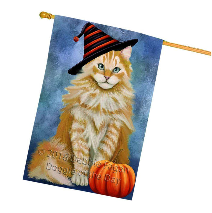 Happy Halloween Siberian Cat Wearing Witch Hat with Pumpkin House Flag FLG55109