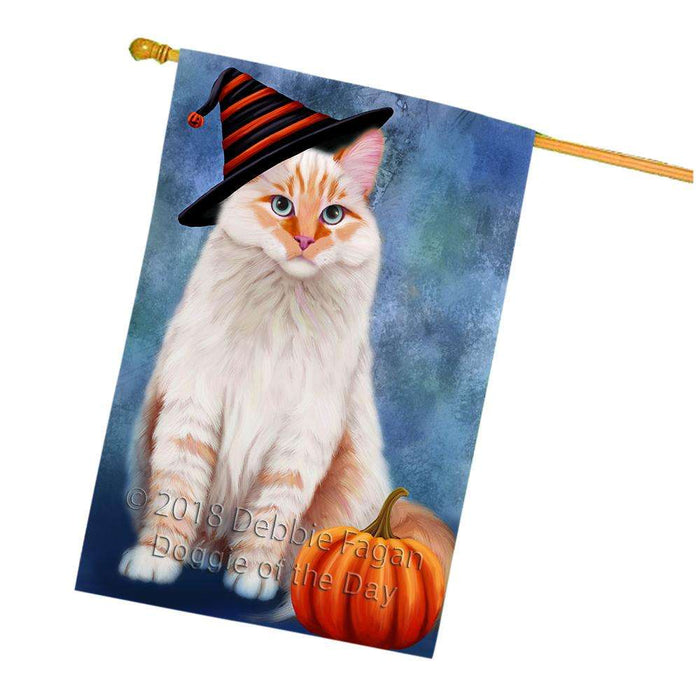 Happy Halloween Siberian Cat Wearing Witch Hat with Pumpkin House Flag FLG55110