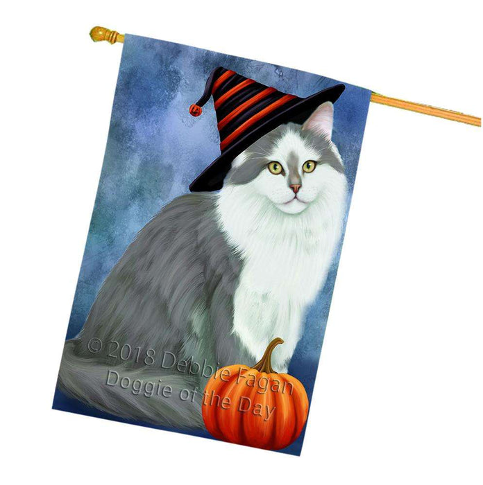 Happy Halloween Siberian Cat Wearing Witch Hat with Pumpkin House Flag FLG55172