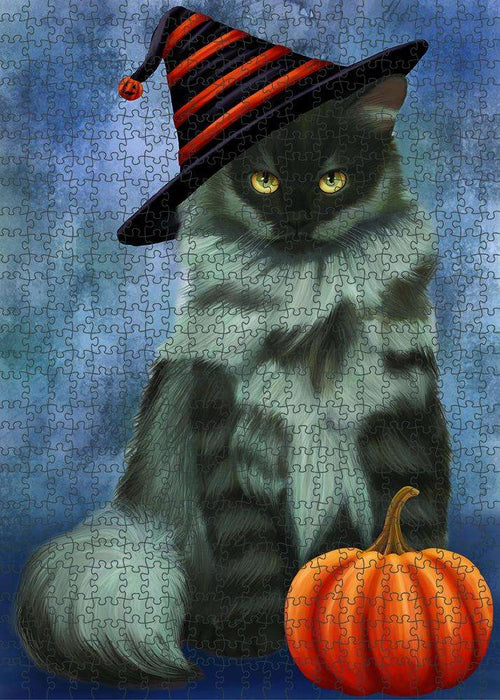 Happy Halloween Siberian Cat Wearing Witch Hat with Pumpkin Puzzle  PUZL86796