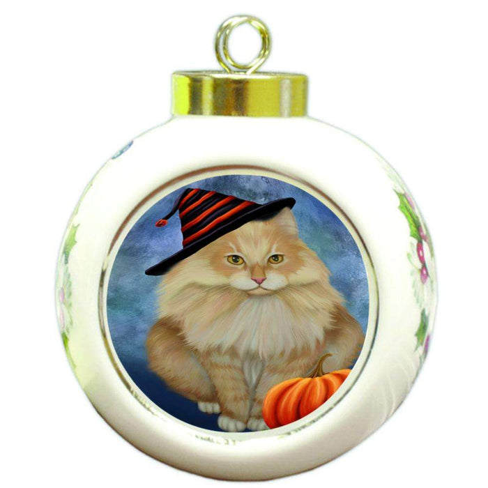 Happy Halloween Siberian Cat Wearing Witch Hat with Pumpkin Round Ball Christmas Ornament RBPOR54909