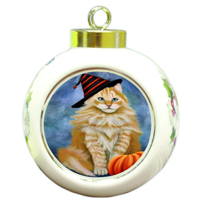 Happy Halloween Siberian Cat Wearing Witch Hat with Pumpkin Round Ball Christmas Ornament RBPOR54911