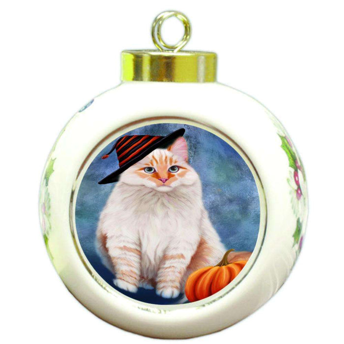 Happy Halloween Siberian Cat Wearing Witch Hat with Pumpkin Round Ball Christmas Ornament RBPOR54912