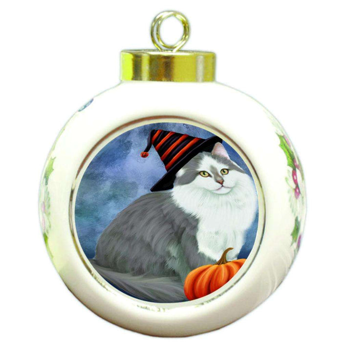 Happy Halloween Siberian Cat Wearing Witch Hat with Pumpkin Round Ball Christmas Ornament RBPOR54974