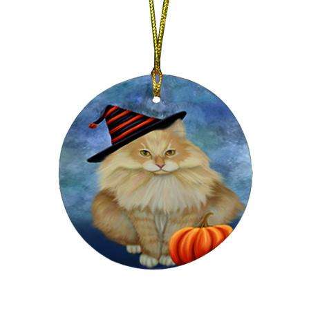 Happy Halloween Siberian Cat Wearing Witch Hat with Pumpkin Round Flat Christmas Ornament RFPOR54900