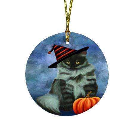 Happy Halloween Siberian Cat Wearing Witch Hat with Pumpkin Round Flat Christmas Ornament RFPOR54901