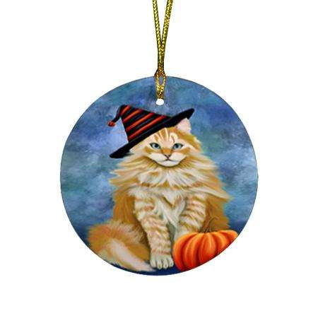 Happy Halloween Siberian Cat Wearing Witch Hat with Pumpkin Round Flat Christmas Ornament RFPOR54902