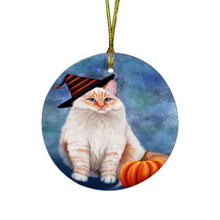 Happy Halloween Siberian Cat Wearing Witch Hat with Pumpkin Round Flat Christmas Ornament RFPOR54903