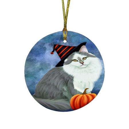 Happy Halloween Siberian Cat Wearing Witch Hat with Pumpkin Round Flat Christmas Ornament RFPOR54965