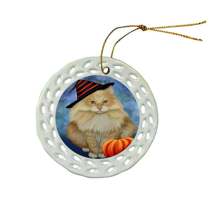 Happy Halloween Siberian Cat Wearing Witch Hat with Pumpkin Star Porcelain Ornament SPOR54900