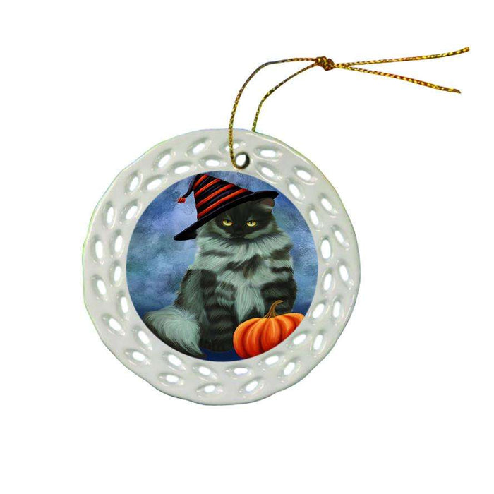 Happy Halloween Siberian Cat Wearing Witch Hat with Pumpkin Star Porcelain Ornament SPOR54901