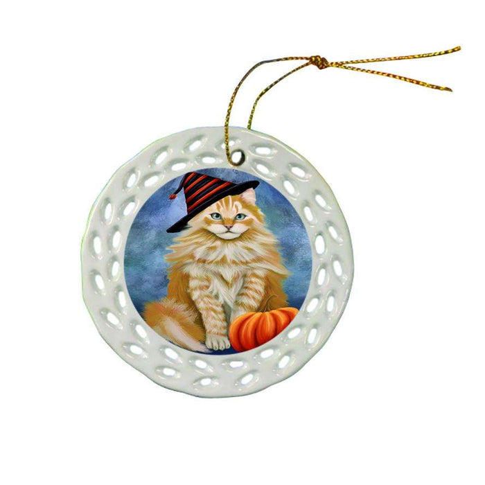 Happy Halloween Siberian Cat Wearing Witch Hat with Pumpkin Star Porcelain Ornament SPOR54902