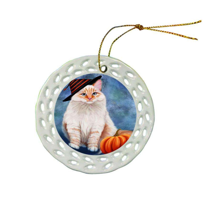 Happy Halloween Siberian Cat Wearing Witch Hat with Pumpkin Star Porcelain Ornament SPOR54903