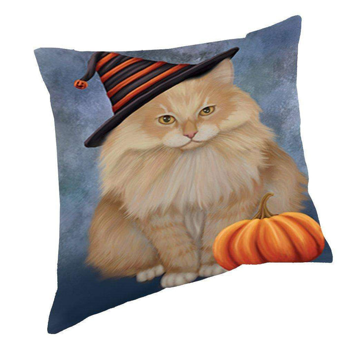 Happy Halloween Siberian Cat Wearing Witch Hat with Pumpkin Throw Pillow D164