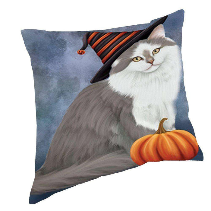 Happy Halloween Siberian Cat Wearing Witch Hat with Pumpkin Throw Pillow D166