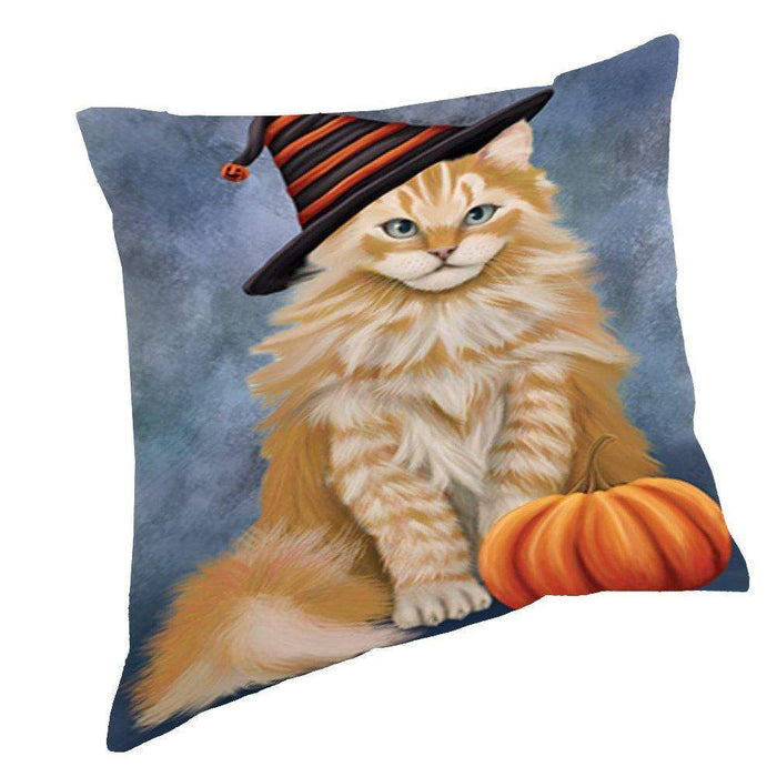 Happy Halloween Siberian Cat Wearing Witch Hat with Pumpkin Throw Pillow D169