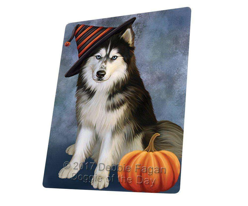 Happy Halloween Siberian Husky Dog Wearing Witch Hat with Pumpkin Art Portrait Print Woven Throw Sherpa Plush Fleece Blanket