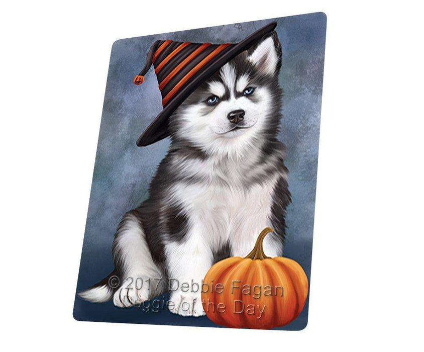 Happy Halloween Siberian Husky Dog Wearing Witch Hat with Pumpkin Art Portrait Print Woven Throw Sherpa Plush Fleece Blanket