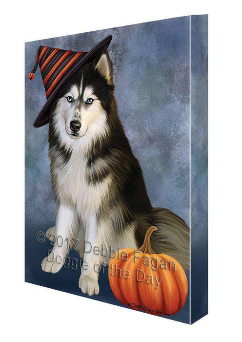 Happy Halloween Siberian Husky Dog Wearing Witch Hat with Pumpkin Canvas Wall Art