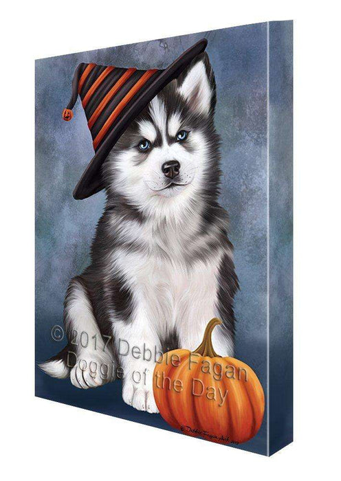 Happy Halloween Siberian Husky Dog Wearing Witch Hat with Pumpkin Canvas Wall Art